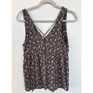 American Eagle Outfitters Black Floral Tank Top with Pink Accents